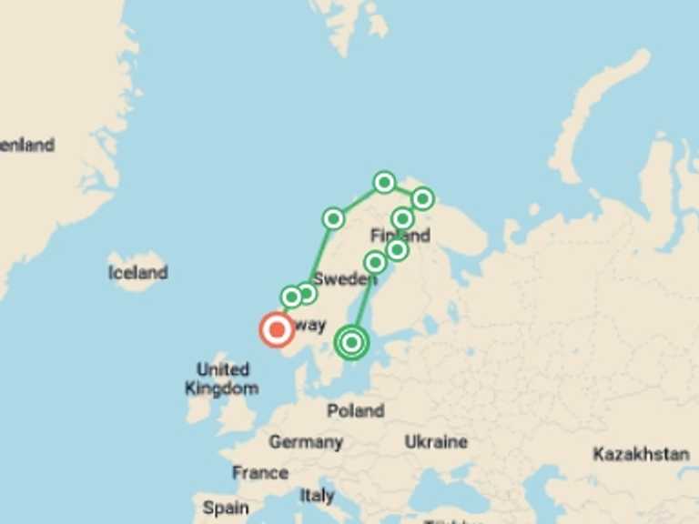 Map itinerary of Scandinavia Tour in June 2027 with 10 destination visits for the trip: Nordic Discovery