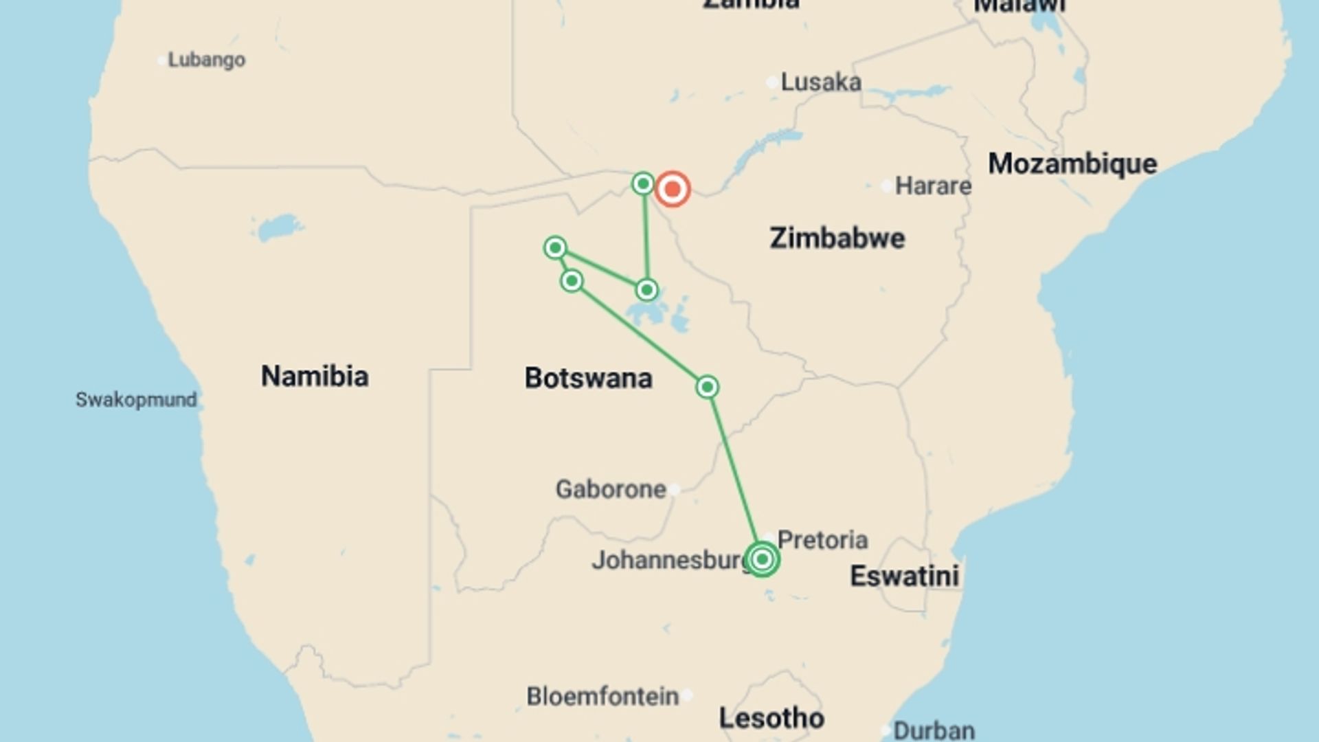 A map showing the tour itinerary for the trip: Botswana and Falls Overland: Wildlife Walks & Safari Drives, starting in Johannesburg, South Africa and ending in Victoria Falls, Zimbabwe going through 5 other destinations.