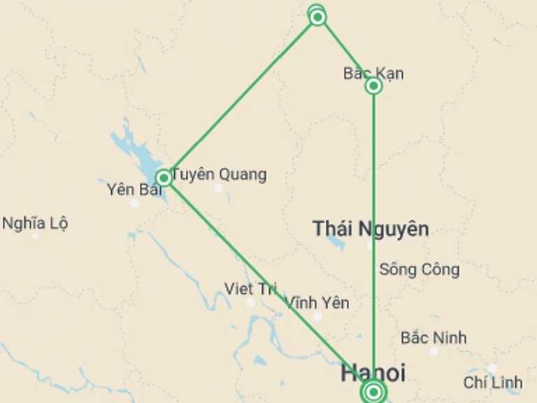 Map itinerary of Hanoi Tour in Winter with 4 destination visits for the trip: Northeast Motorbike Trails Vu Linh To Ba Be 4 Days 3 Nights