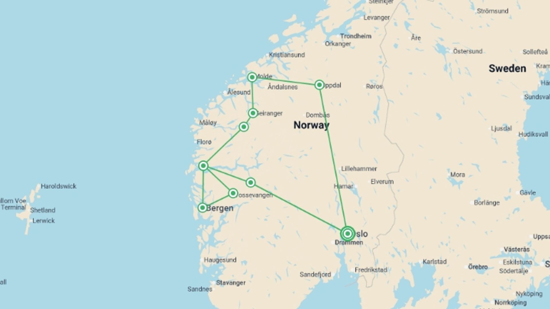 A map showing the tour itinerary for the trip: Norwegian Fjords Charms And Traditions, starting in Oslo, Norway and ending in Oslo, Norway going through 5 other destinations.