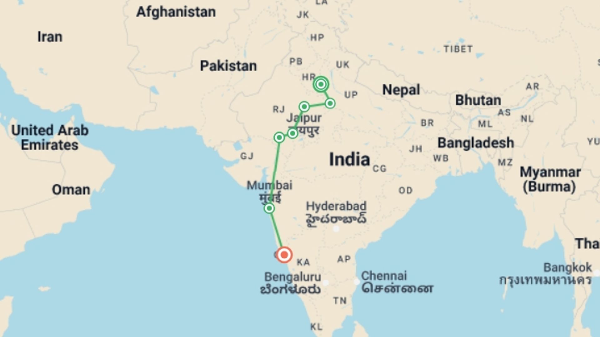 A map showing the tour itinerary for the trip: India Real Food Adventure, starting in New Delhi, India and ending in Goa, India going through 6 other destinations.