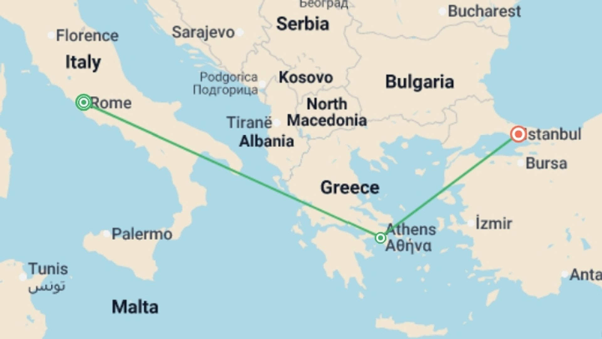 A map showing the tour itinerary for the trip: Rome Athens and Istanbul City Package, starting in Rome, Italy and ending in Istanbul, Turkey going through 1 other destinations.