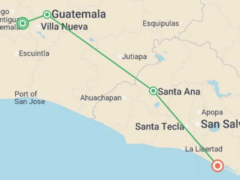 Map of a Adventure and sport Tour with 4 destination visits for the trip: Discover Guatemala, Honduras & El Salvador