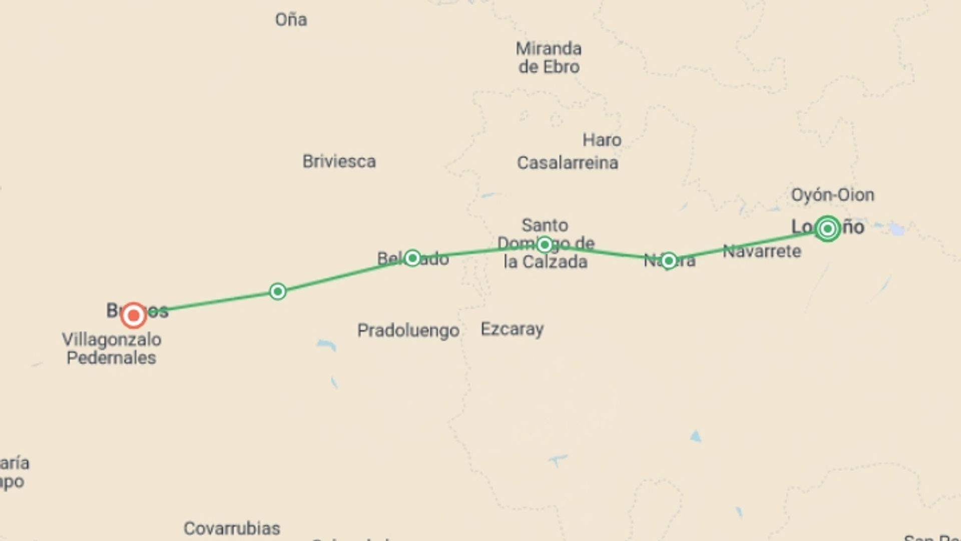 A map showing the tour itinerary for the trip: Camino - Logrono to Burgos, starting in Logrono, Spain and ending in Burgos, Spain going through 5 other destinations.