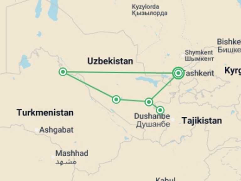 Map itinerary of Uzbekistan Tour in July 2026 with 5 destination visits for the trip: Uzbekistan and Tajikistan: Silk Roads & The Seven Lakes