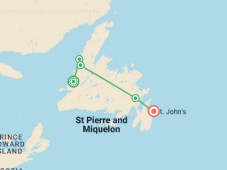 Map itinerary of North America Tour in June 2026 with 7 destination visits for the trip: Newfoundland Discovery (Small Group) - 9 days