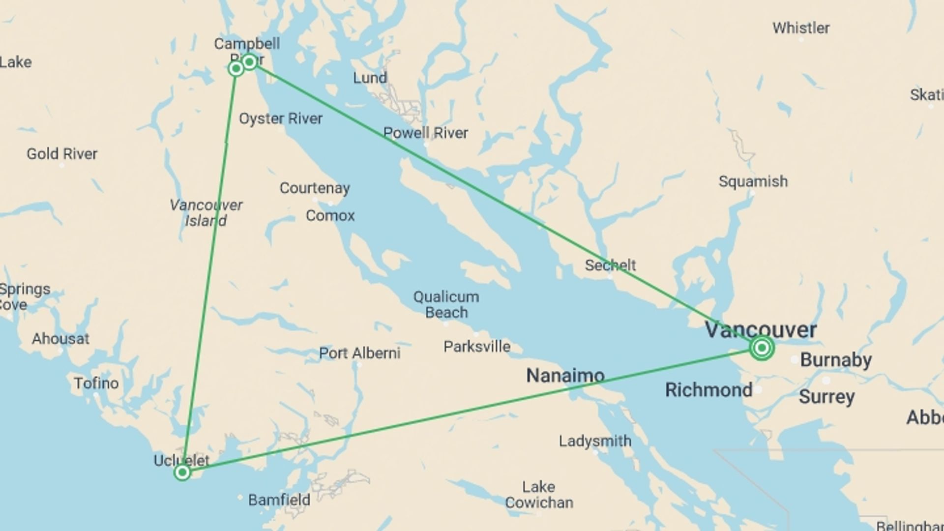 A map showing the tour itinerary for the trip: Whales & Bears of British Columbia, starting in Vancouver, Canada and ending in Vancouver, Canada going through 3 other destinations.