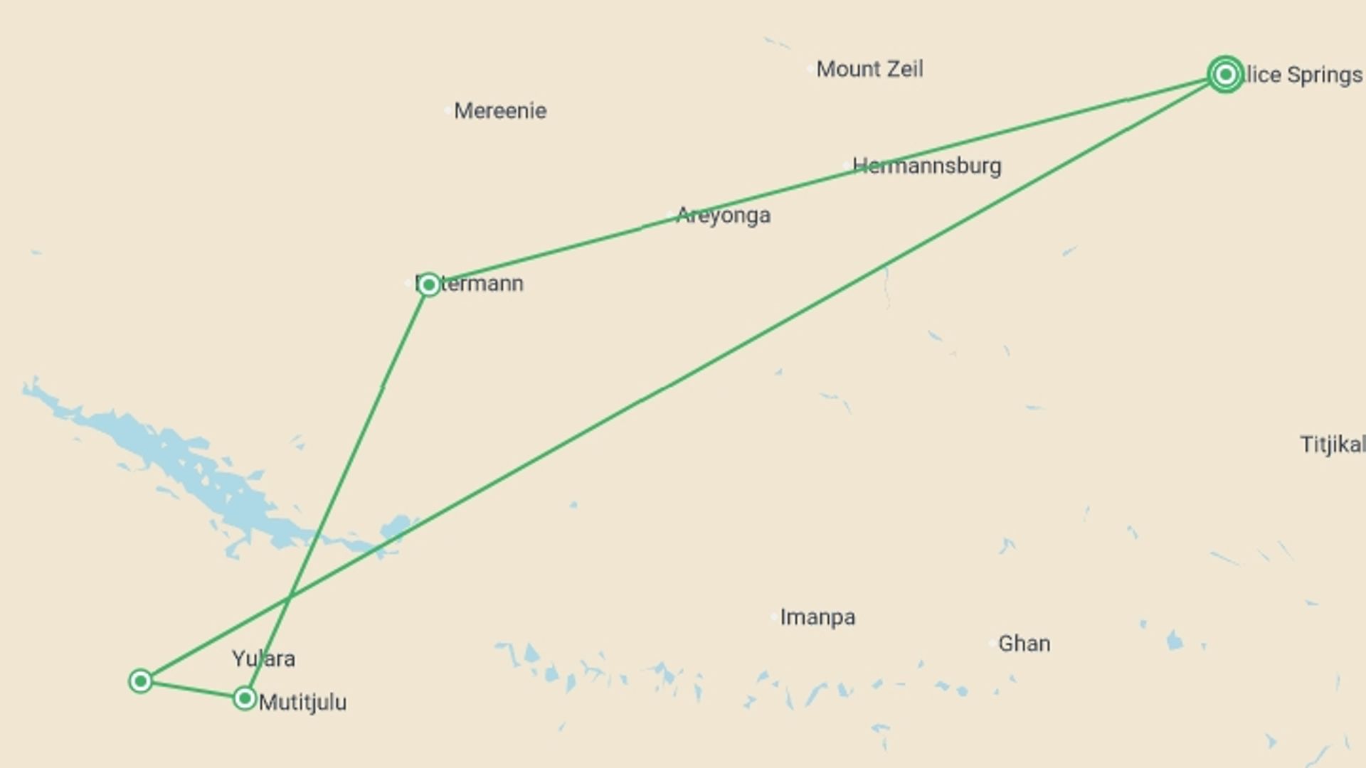 A map showing the tour itinerary for the trip: Outback Contrasts, starting in Alice Springs, Australia and ending in Alice Springs, Australia going through 3 other destinations.