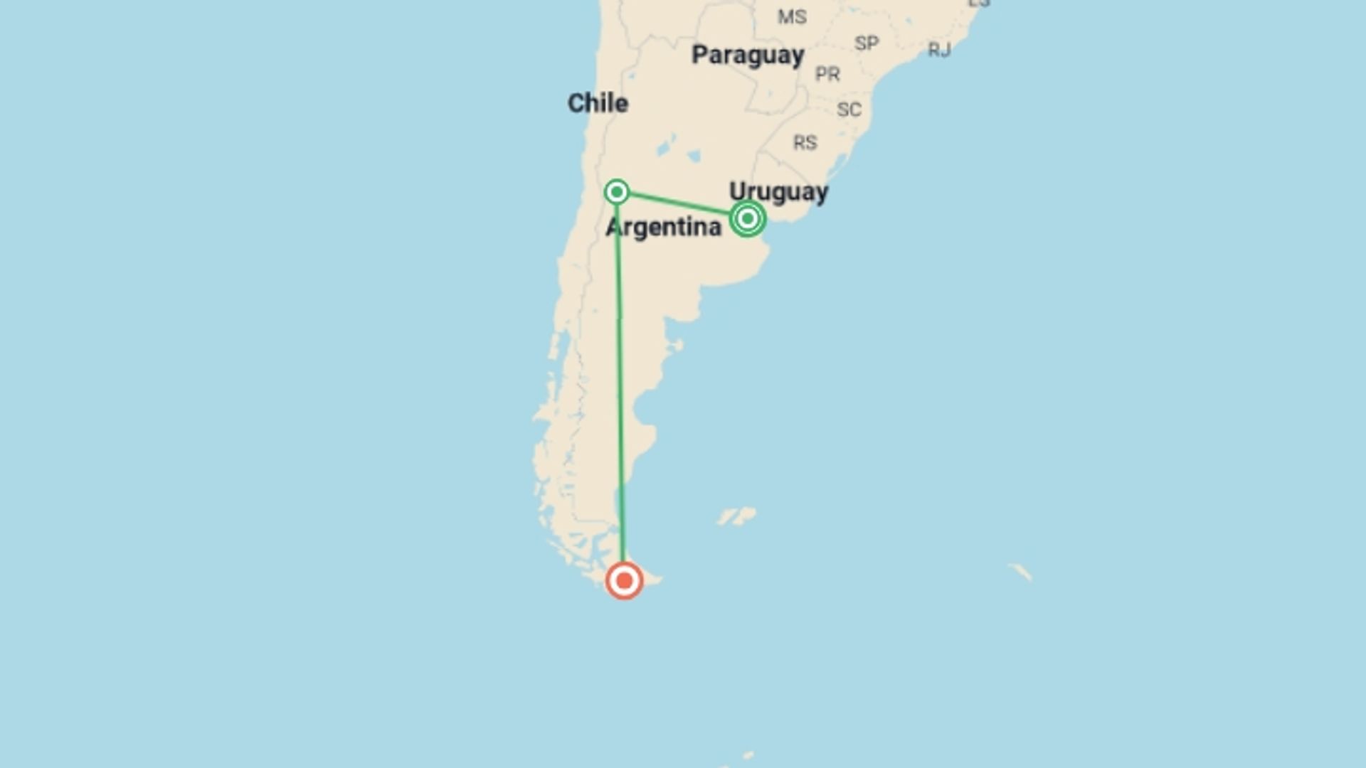 A map showing the tour itinerary for the trip: 10-day Buenos Aires, Mendoza & Ushuaia Getaway, Private Tour, French Or German-speaking Guide, starting in Buenos Aires, Argentina and ending in Ushuaia, Argentina going through 1 other destinations.