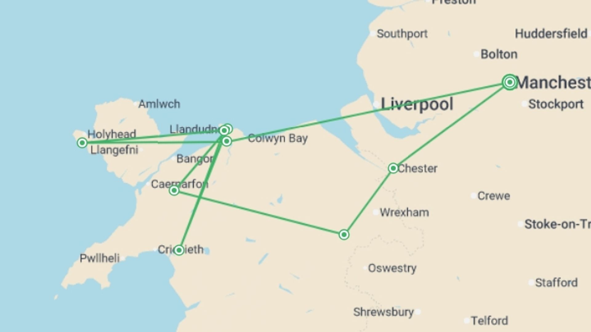 A map showing the tour itinerary for the trip: North Wales & Snowdonia From Manchester (Hotel) - 3 days, starting in Manchester, England and ending in Manchester, England going through 2 other destinations.