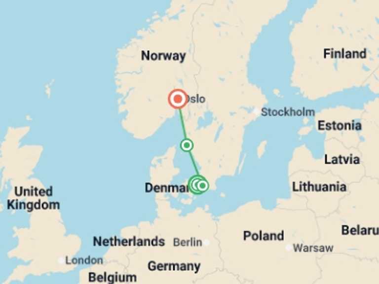 Map itinerary of Scandinavia Tour in May 2026 with 3 destination visits for the trip: A Taste of Scandinavia