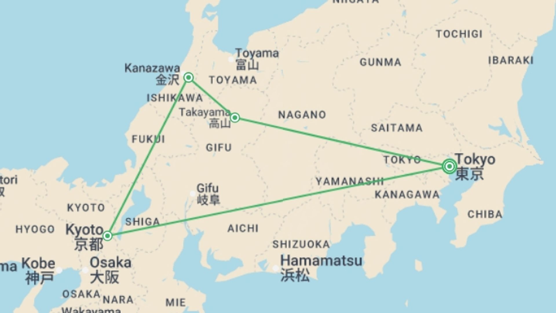 A map showing the tour itinerary for the trip: Feudal Japan, starting in Tokyo, Japan and ending in Tokyo, Japan going through 3 other destinations.