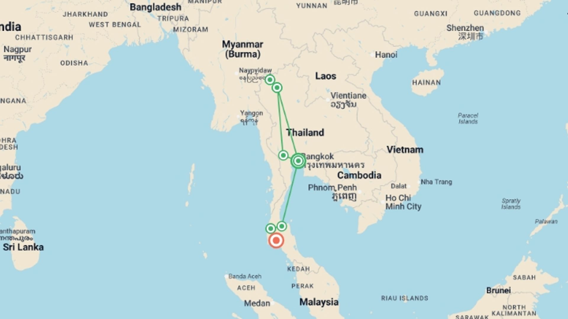 A map showing the tour itinerary for the trip: Total Thailand, starting in Bangkok, Thailand and ending in Krabi, Thailand going through 6 other destinations.