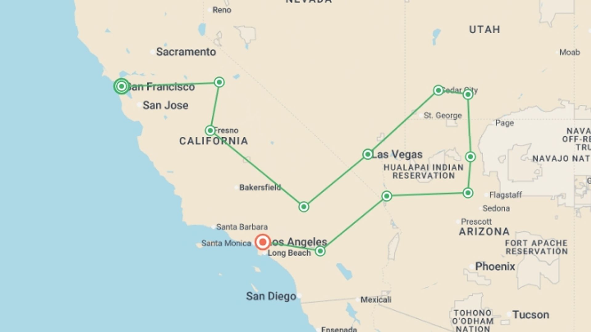 A map showing the tour itinerary for the trip: San Francisco, Las Vegas to Los Angeles - 10 days, starting in San Francisco, USA and ending in Los Angeles, USA going through 4 other destinations.