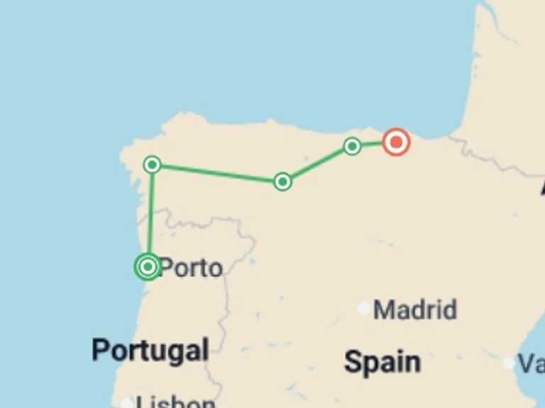 Map of Europe Tour with 5 destination visits for the trip: A Taste of the Camino: Porto to Bilbao