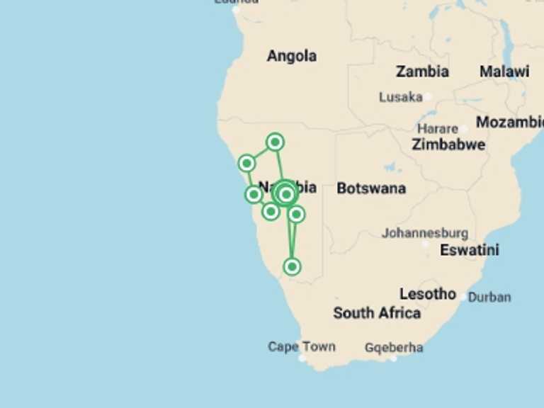 Map itinerary of Namibia Tour in September 2025 with 8 destination visits for the trip: Namibia Adventure