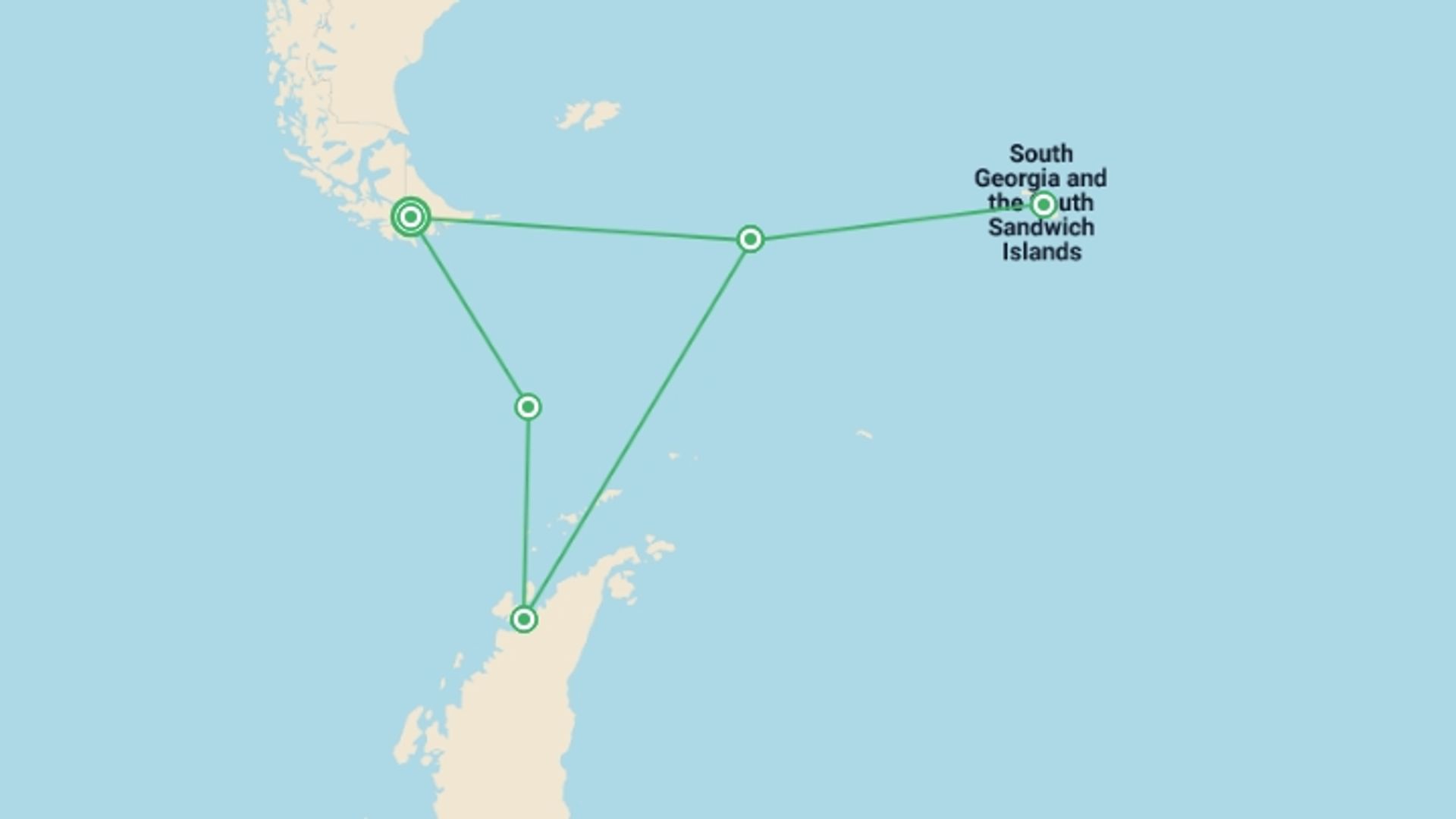 A map showing the tour itinerary for the trip: South Georgia and Antarctic Peninsula: Penguin Safari, starting in Ushuaia, Argentina and ending in Ushuaia, Argentina going through 4 other destinations.