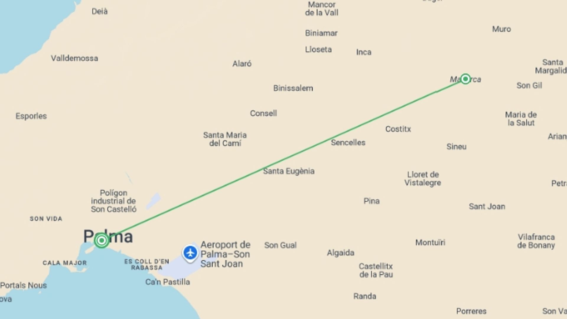 A map showing the tour itinerary for the trip: Palma De Mallorca City Break, starting in Palma, Spain and ending in Palma, Spain going through 1 other destinations.