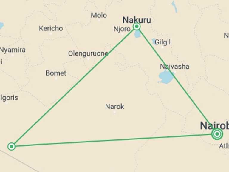 Map of 4-Day Nairobi Tour with 3 destination visits for the trip: 4-day Kenya Great Wildebeest Migration Safari Tour