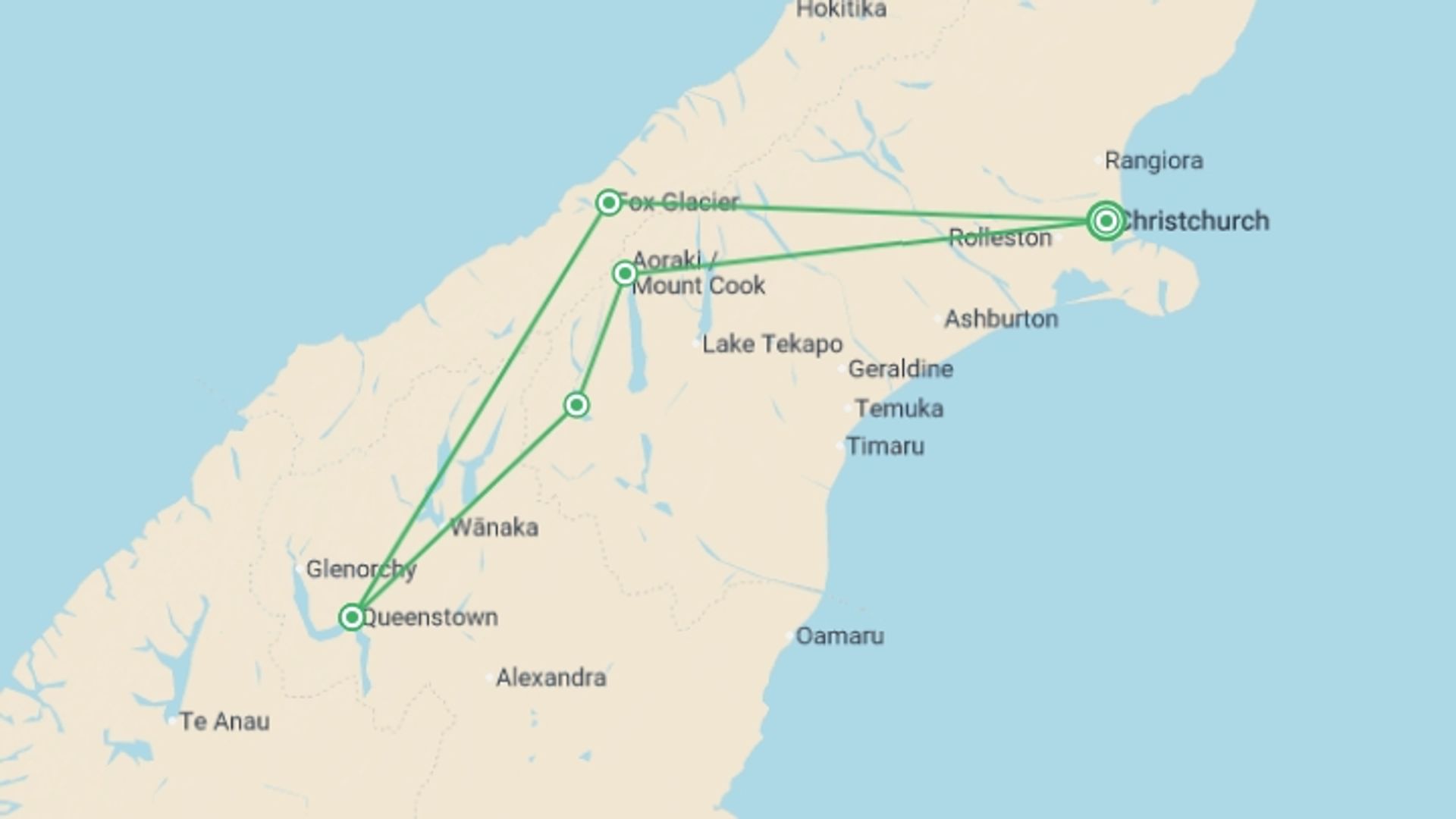 A map showing the tour itinerary for the trip: Active New Zealand, starting in Christchurch, New Zealand and ending in Christchurch, New Zealand going through 4 other destinations.