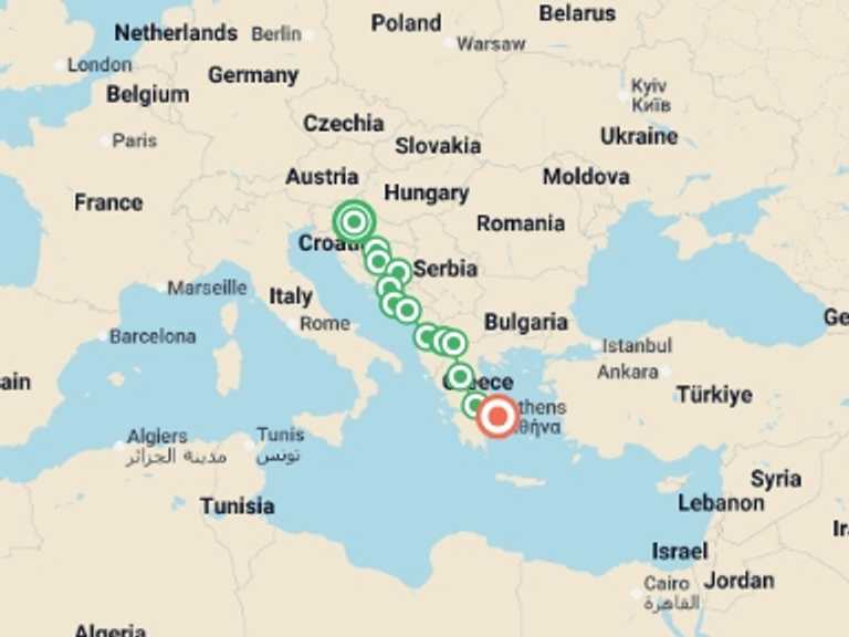 Map of Europe Tour with 7 destination visits for the trip: Balkans