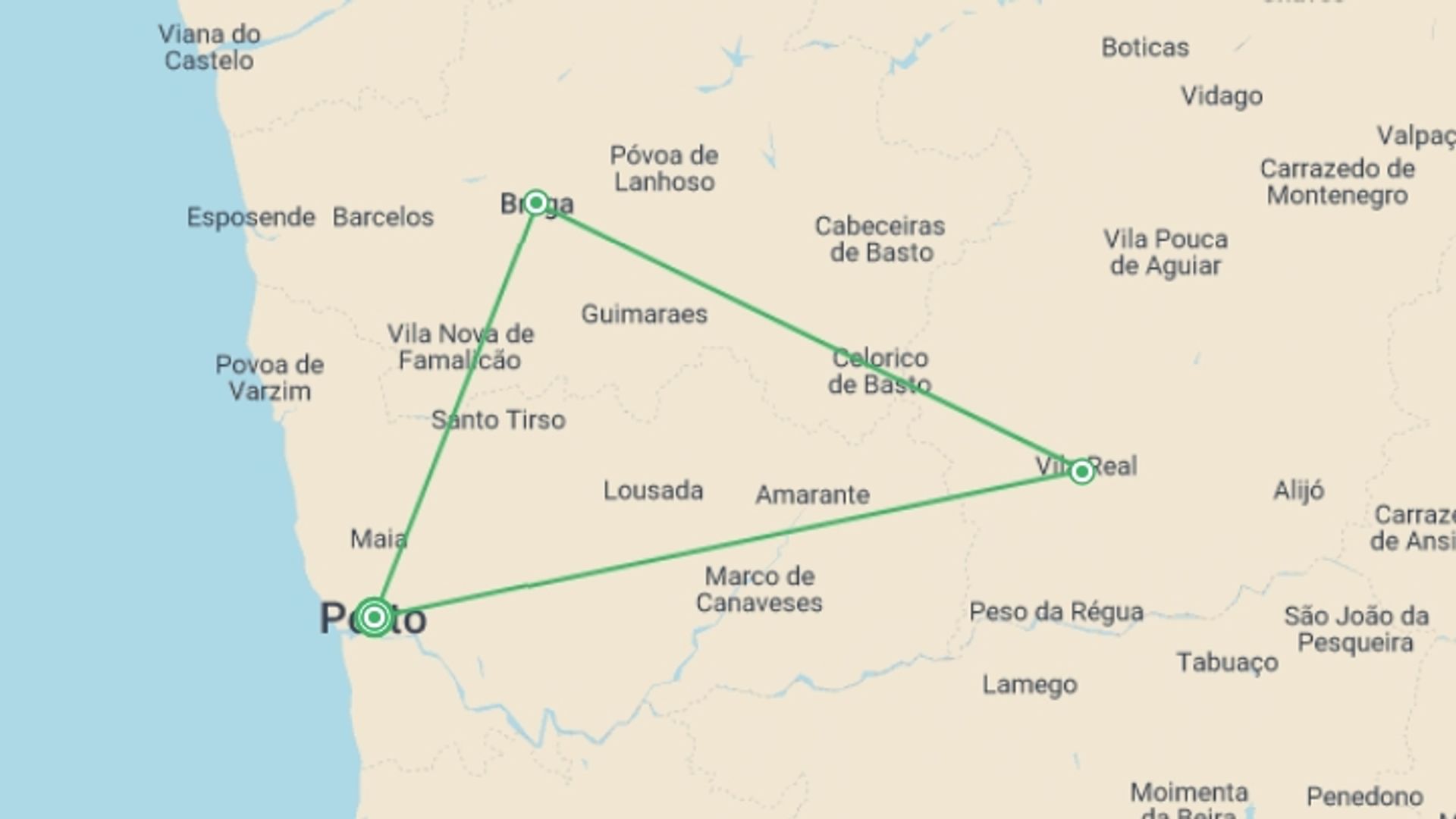 A map showing the tour itinerary for the trip: Northern Portugal 4 Day Tour, starting in Porto, Portugal and ending in Porto, Portugal going through 3 other destinations.