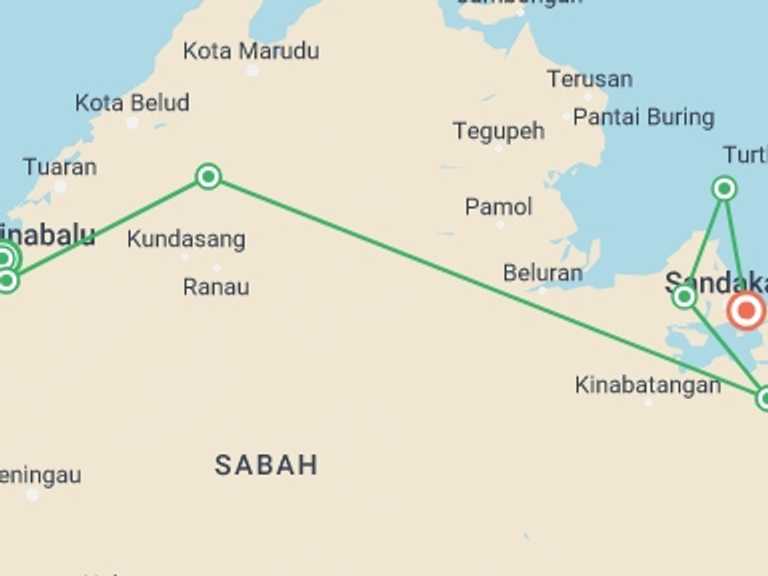 Map of a National parks Tour with 7 destination visits for the trip: Sabah Adventure