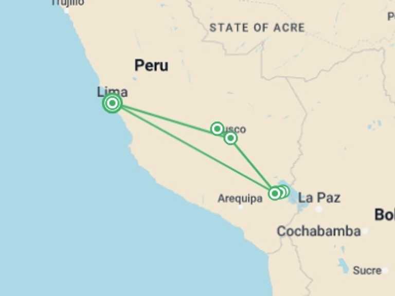 Map itinerary of Lima Tour in September 2027 with 7 destination visits for the trip: 9 Days - The Best of Peru 