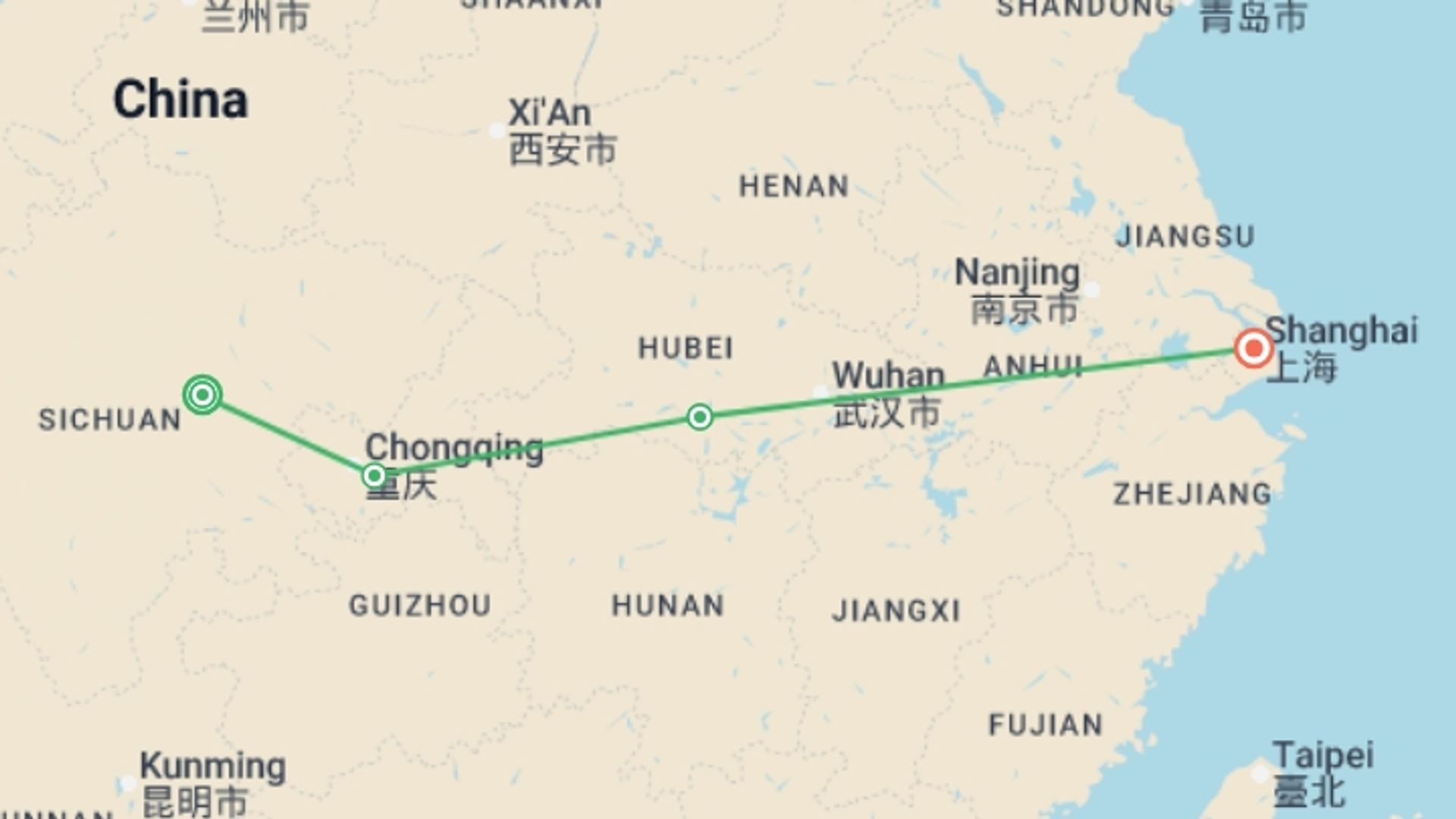 A map showing the tour itinerary for the trip: Chengdu & Yangtze Cruise to Shanghai - 10 days, starting in Chengdu, China and ending in Shanghai, China going through 2 other destinations.