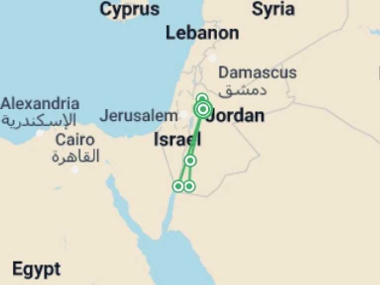 Map itinerary of Jordan Tour in June 2026 with 4 destination visits for the trip: Highlights of Jordan