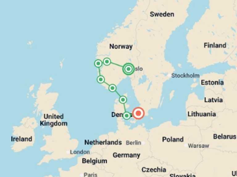 Map itinerary of Europe Tour in June 2026 with 8 destination visits for the trip: Country Roads of Scandinavia