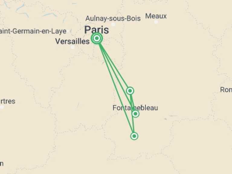 Map of Paris Adventure Tour with 4 destination visits for the trip: Seine Valley Bike and Barge