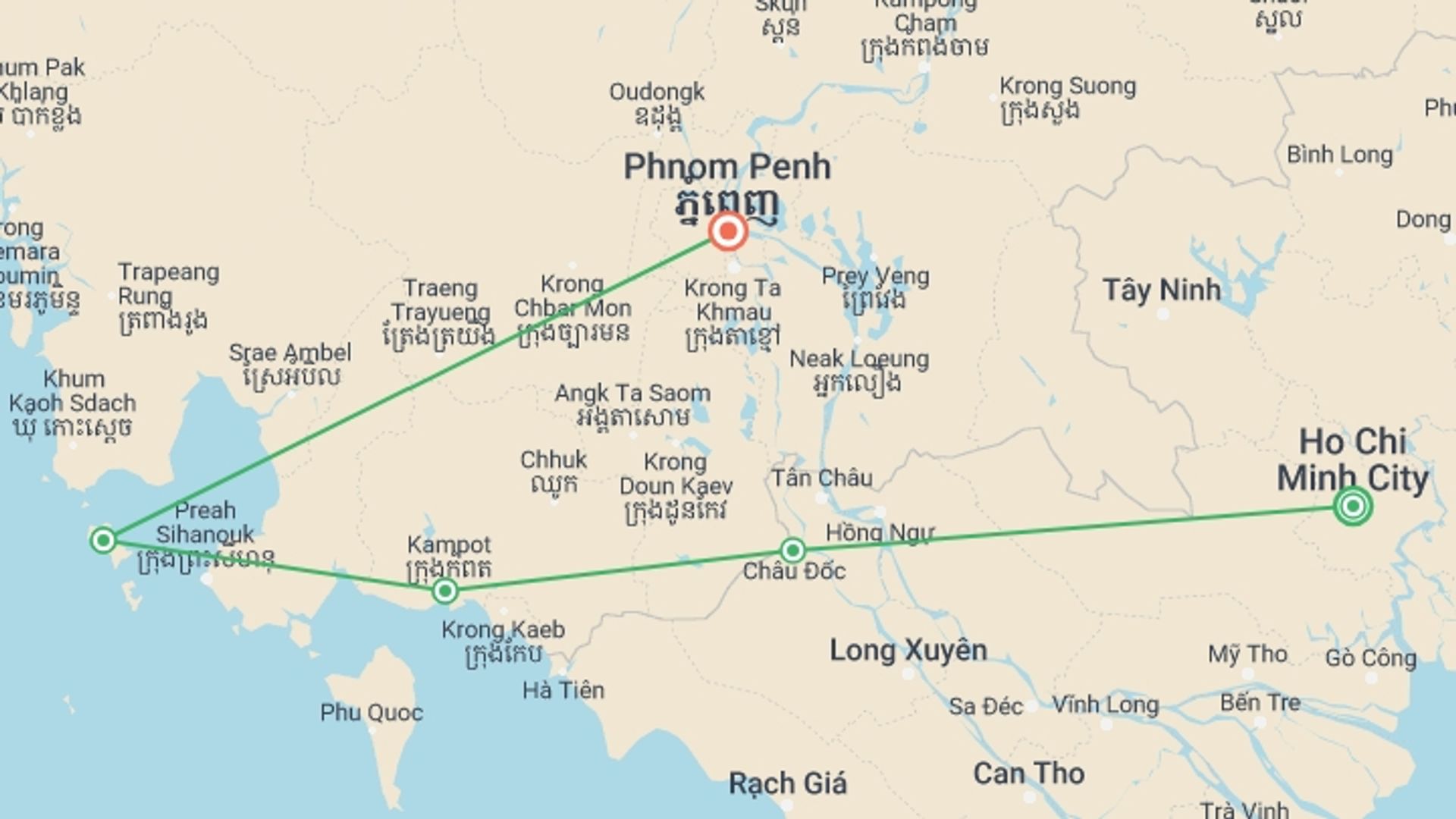 A map showing the tour itinerary for the trip: Vietnam and Cambodia: Mekong, Local Markets & Secluded Islands, starting in Ho Chi Minh City, Vietnam and ending in Phnom Penh, Cambodia going through 3 other destinations.