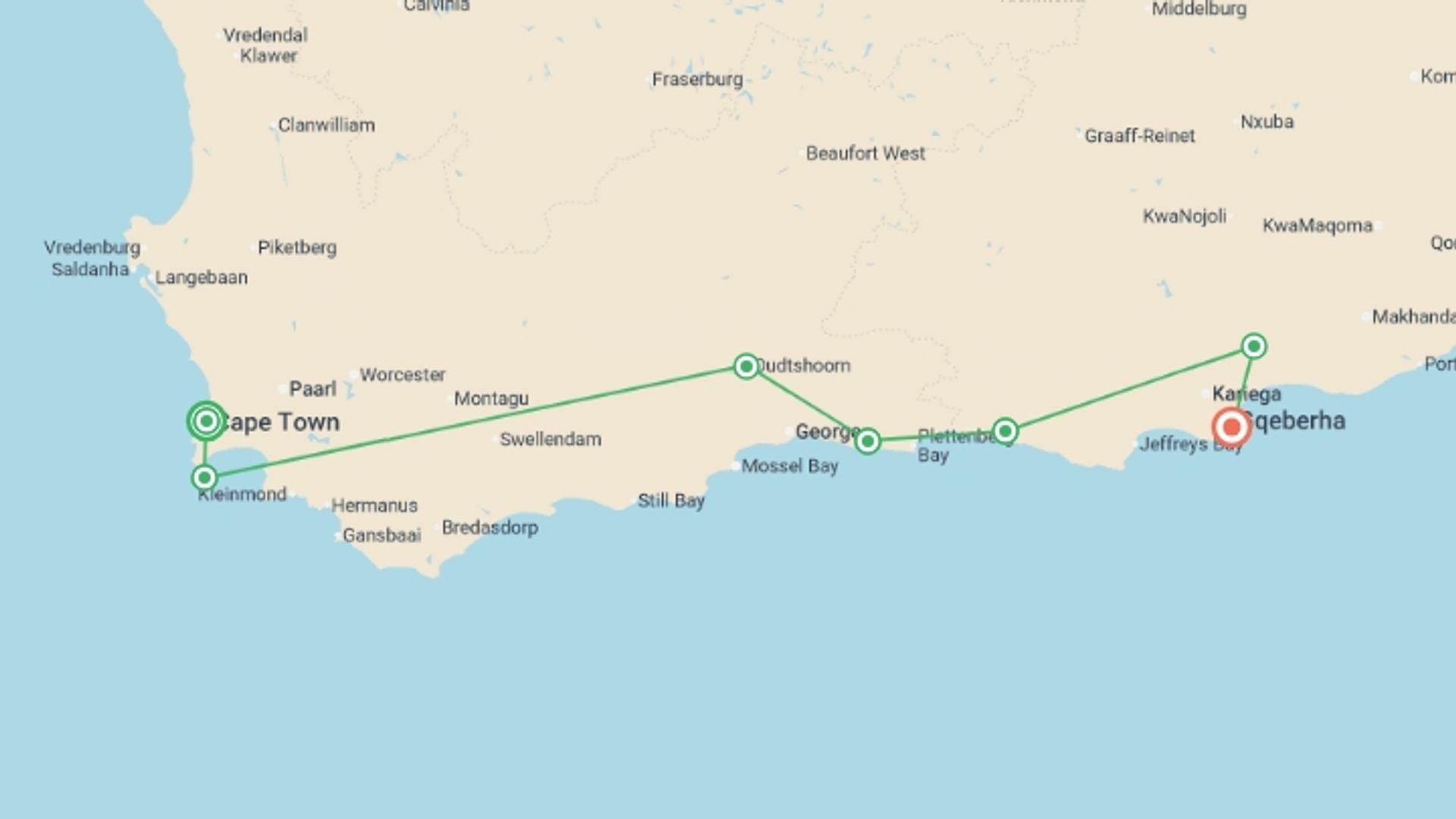 A map showing the tour itinerary for the trip: Cape Town, Garden Route & Safari - 11 days, starting in Cape Town, South Africa and ending in Port Elizabeth, South Africa going through 5 other destinations.