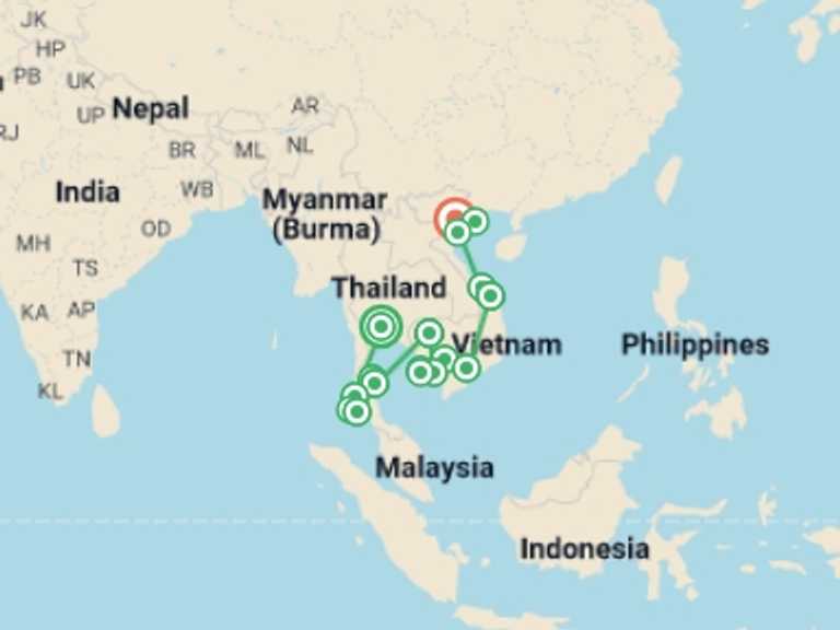 Map of a City sightseeing Tour with 20 destination visits for the trip: Discover Asia