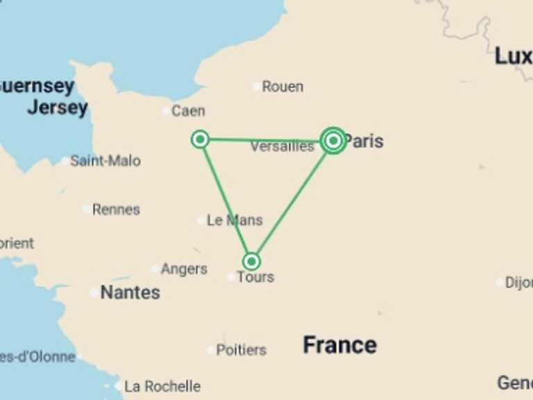 Map itinerary of France Tour in May 2026 with 3 destination visits for the trip: Treasures of France Including Normandy