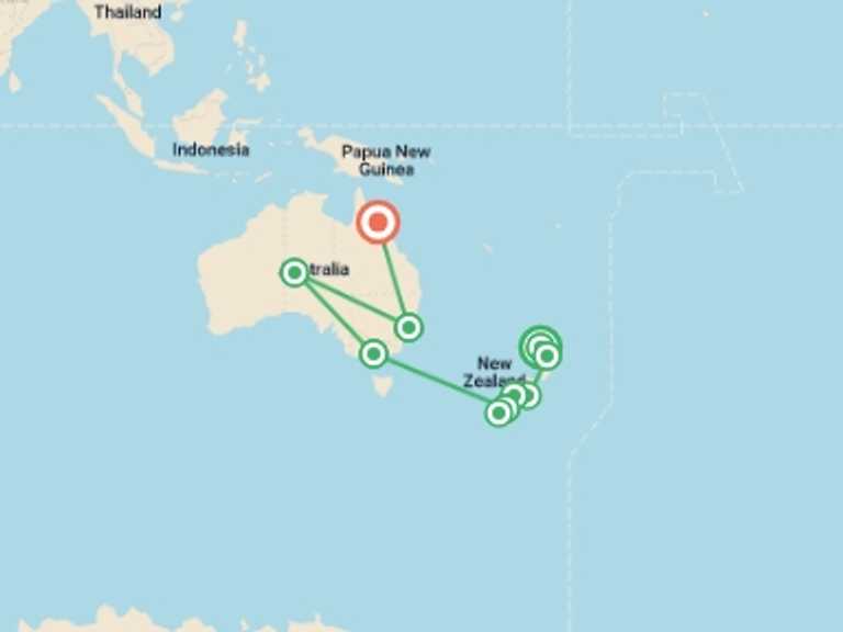 Map itinerary of Oceania Tour in August 2026 with 11 destination visits for the trip: Journeys: Iconic Australia and New Zealand