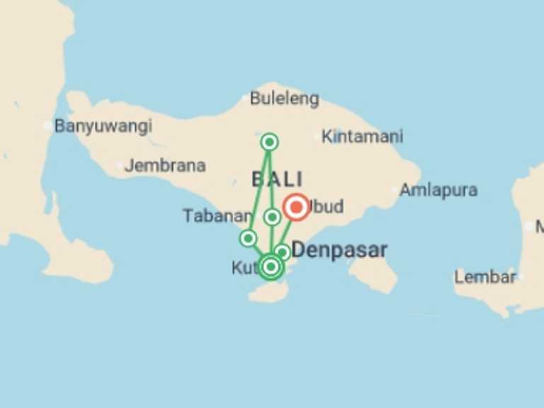 Map itinerary of Asia Tour in August 2026 with 2 destination visits for the trip: Enchanting Of Bali, Private Tour
