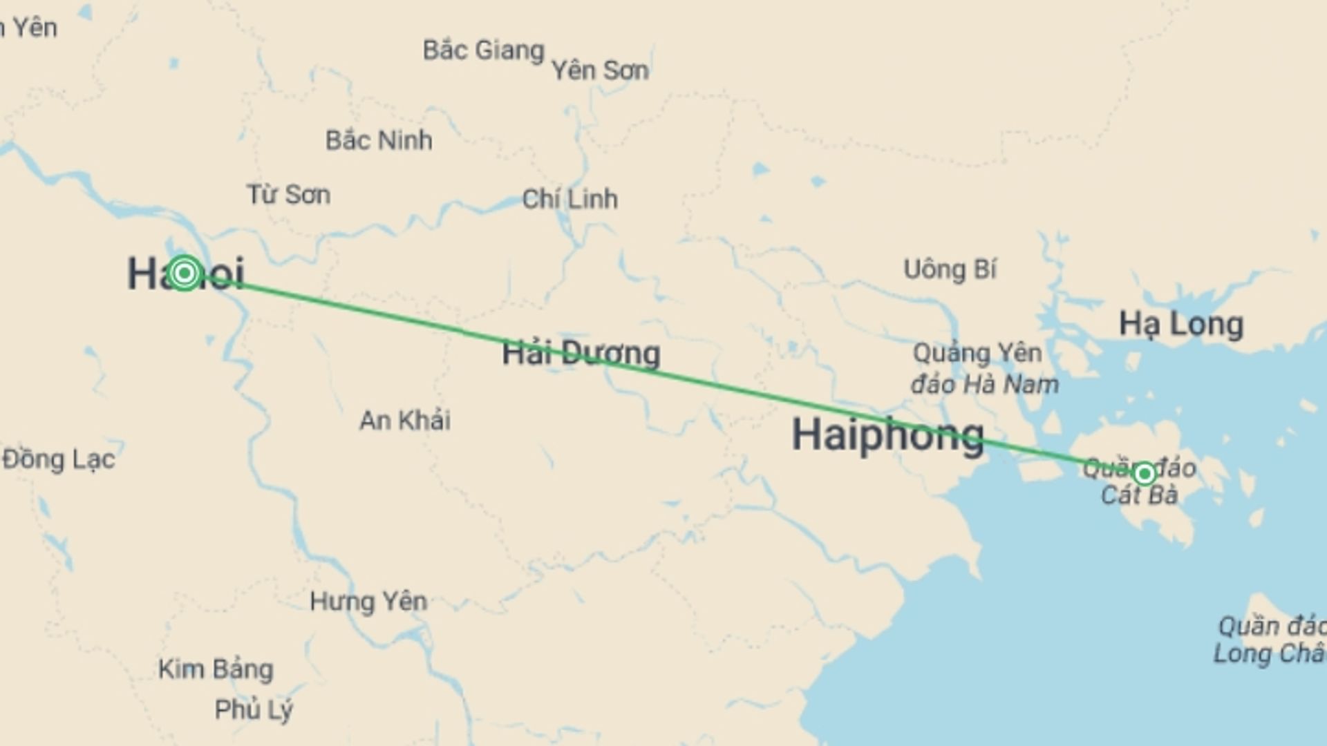 A map showing the tour itinerary for the trip: Hanoi to Cat Ba Trekking & Kayaking - 3 days, starting in Hanoi, Vietnam and ending in Hanoi, Vietnam going through 1 other destinations.