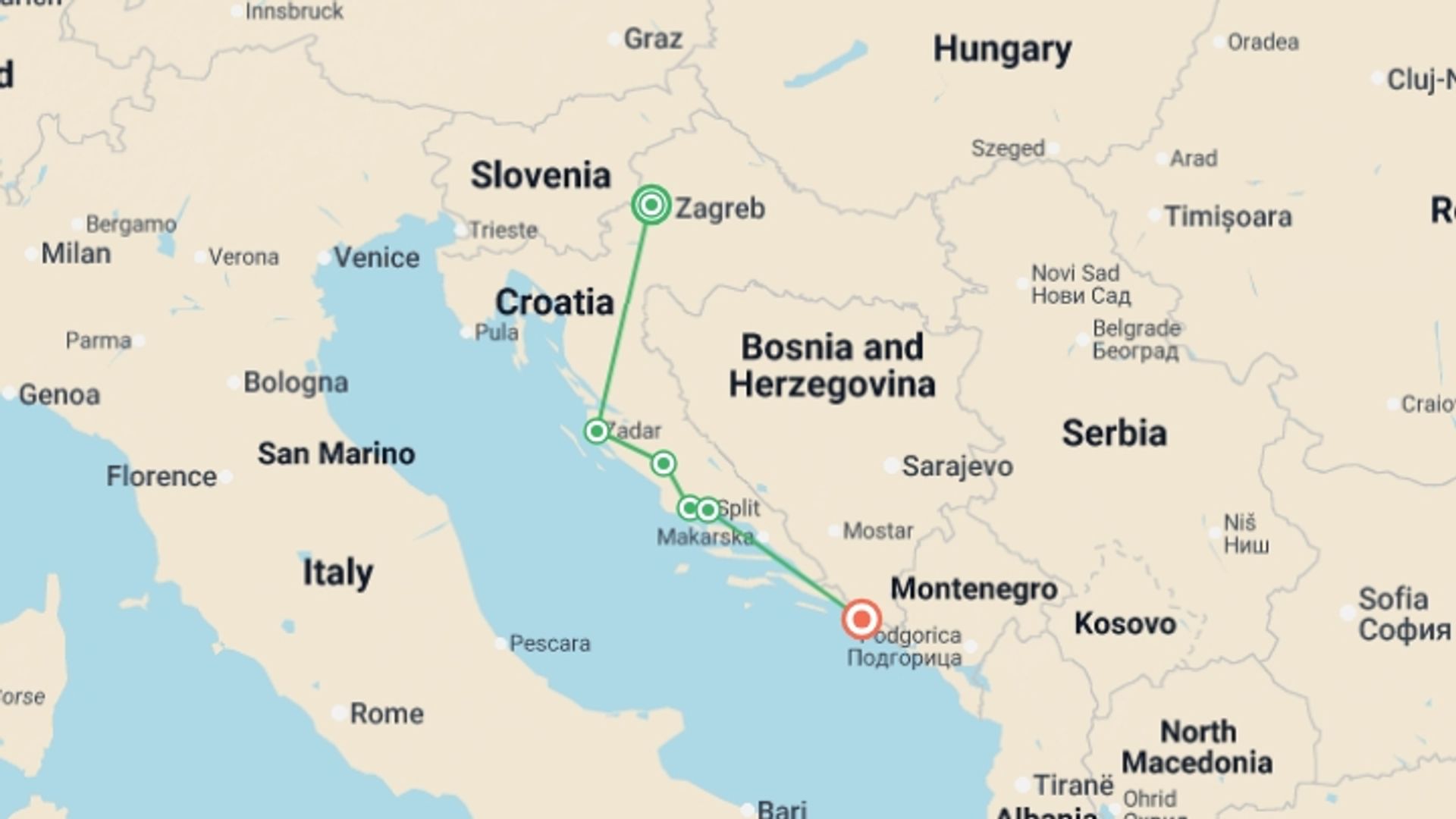 A map showing the tour itinerary for the trip: Discover Croatia, starting in Zagreb, Croatia and ending in Dubrovnik, Croatia going through 4 other destinations.