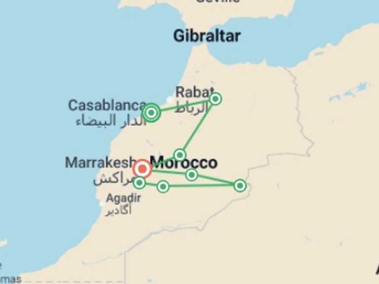 Map of Morocco Tour with 8 destination visits for the trip: Morocco North and South: Mountain Villages and Ancient Kasbahs