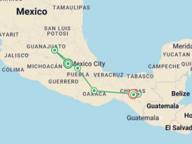 Map of North America Tour with 6 destination visits for the trip: Mexican Contrasts