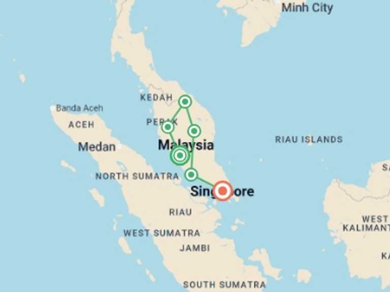 Map itinerary of South East Asia Tour in July 2027 with 6 destination visits for the trip: Malaysia's Jungle Railway Adventure
