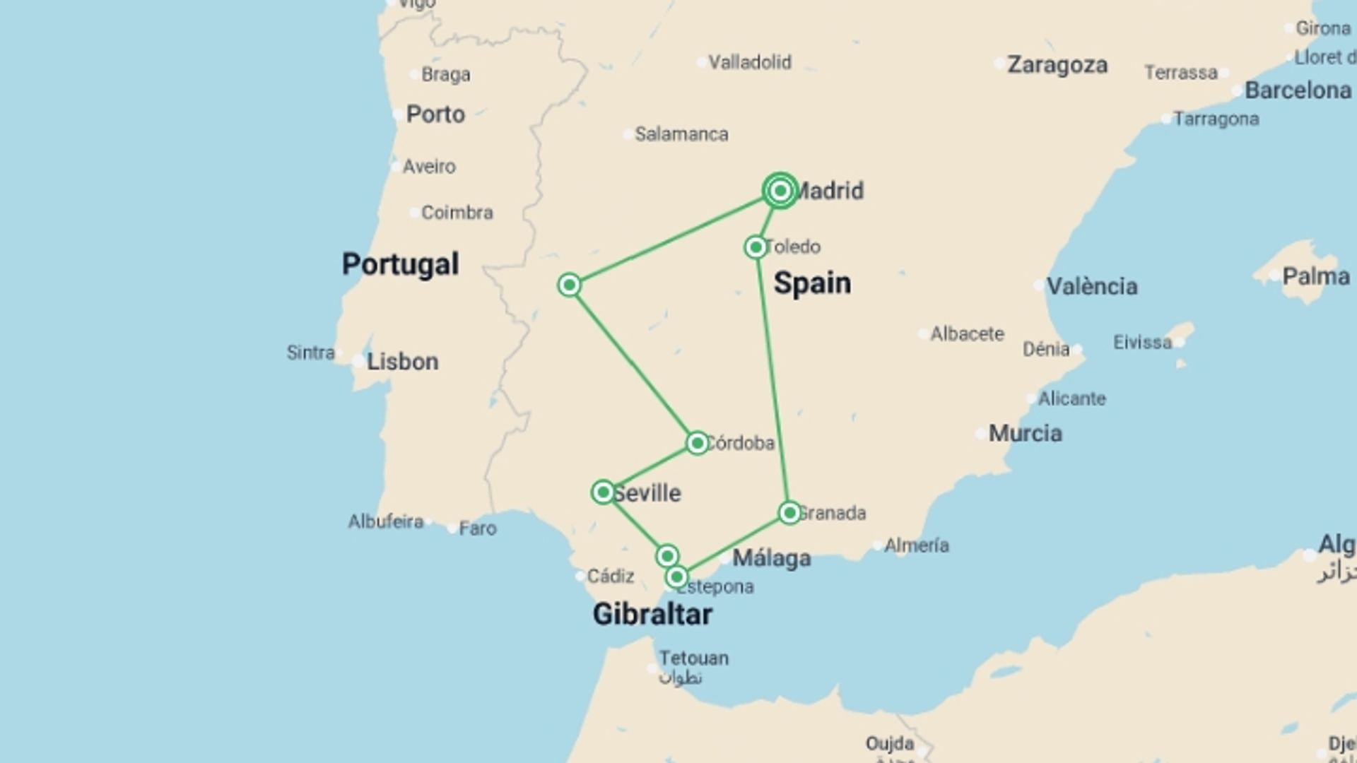 A map showing the tour itinerary for the trip: Amazing Spain, starting in Madrid, Spain and ending in Madrid, Spain going through 4 other destinations.