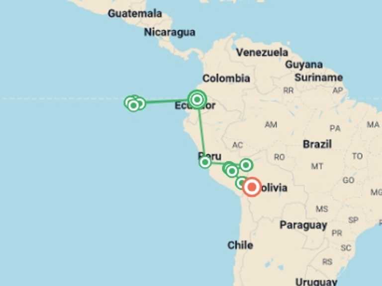 Map itinerary of Lima Tour in September 2027 with 12 destination visits for the trip: Galapagos & Peru Adventure