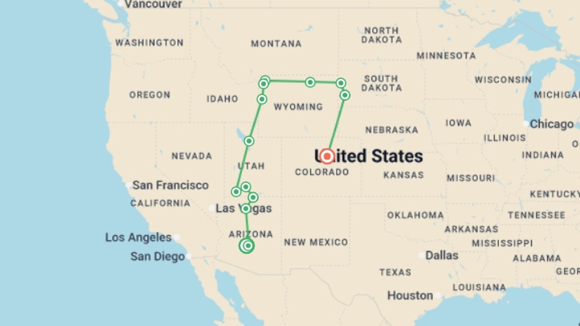 A map showing the tour itinerary for the trip: America's Magnificent National Parks, starting in Phoenix, USA and ending in Denver, USA going through 12 other destinations.