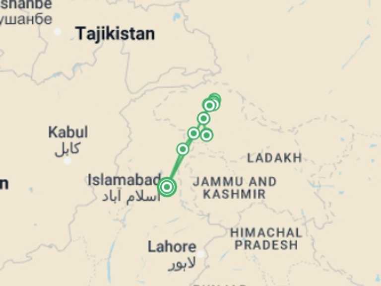 Map of a Sightseeing Tour with 8 destination visits for the trip: Hunza Pakistan Tour
