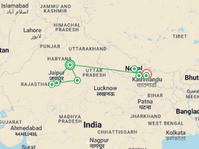 Map of New Delhi Natural landmarks sightseeing Tour with 9 destination visits for the trip: Journeys: Explore India & Nepal