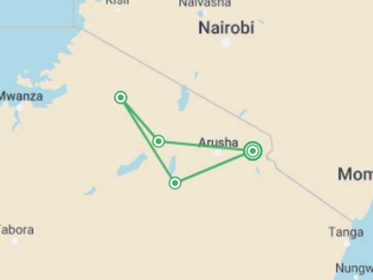 Map itinerary of Ngorongoro Crater Tour in October 2025 with 4 destination visits for the trip: 5 Days Safari - Tarangire, Serengeti and Ngorongoro