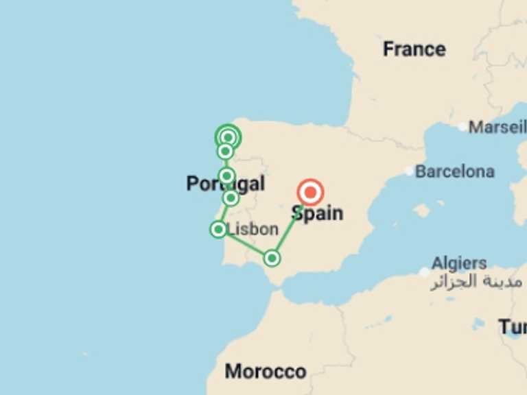 Map of Europe Tour with 7 destination visits for the trip: Santiago, Portugal & Seville With Train - 9 days